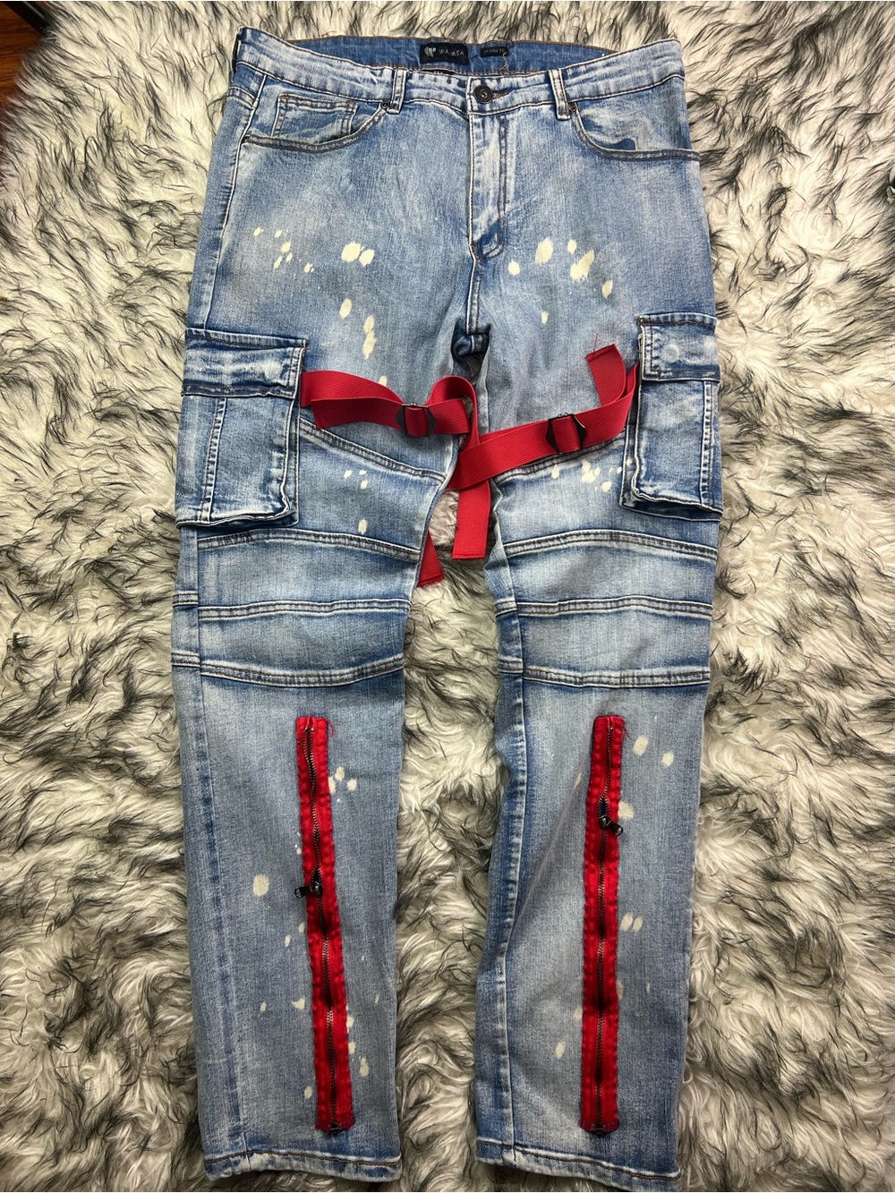 WAIMEA JEANS SKINNY FIT SIZE 36 Light Blue Distressed Cargo Jeans with Red Strap